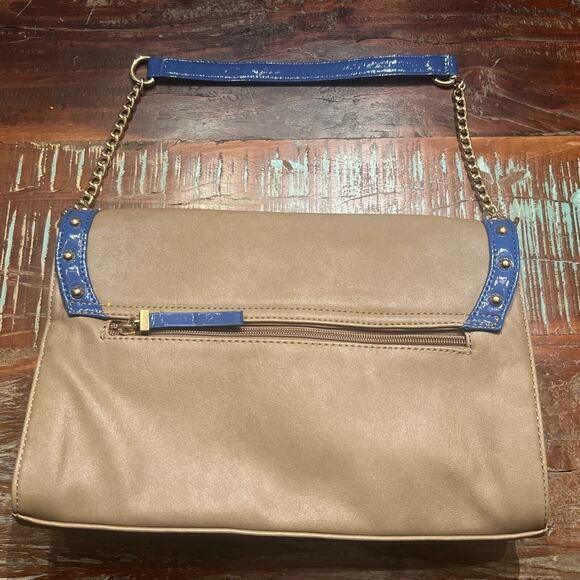 Kate Landry Tan Shoulder Bag Purse With Blue And Gold Accents Cheetah Lining - Picture 10 of 10